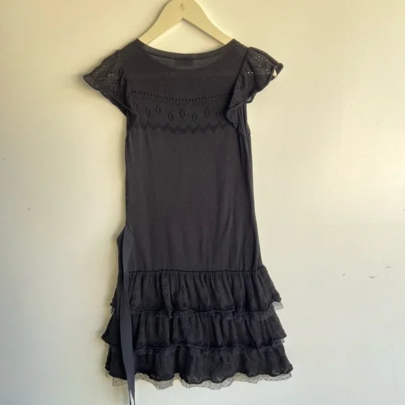Red Valentino Black Knit Ruffle Dress Tie Waist Eyelet Lace Tiered Mini Sz XS S - Picture 13 of 15